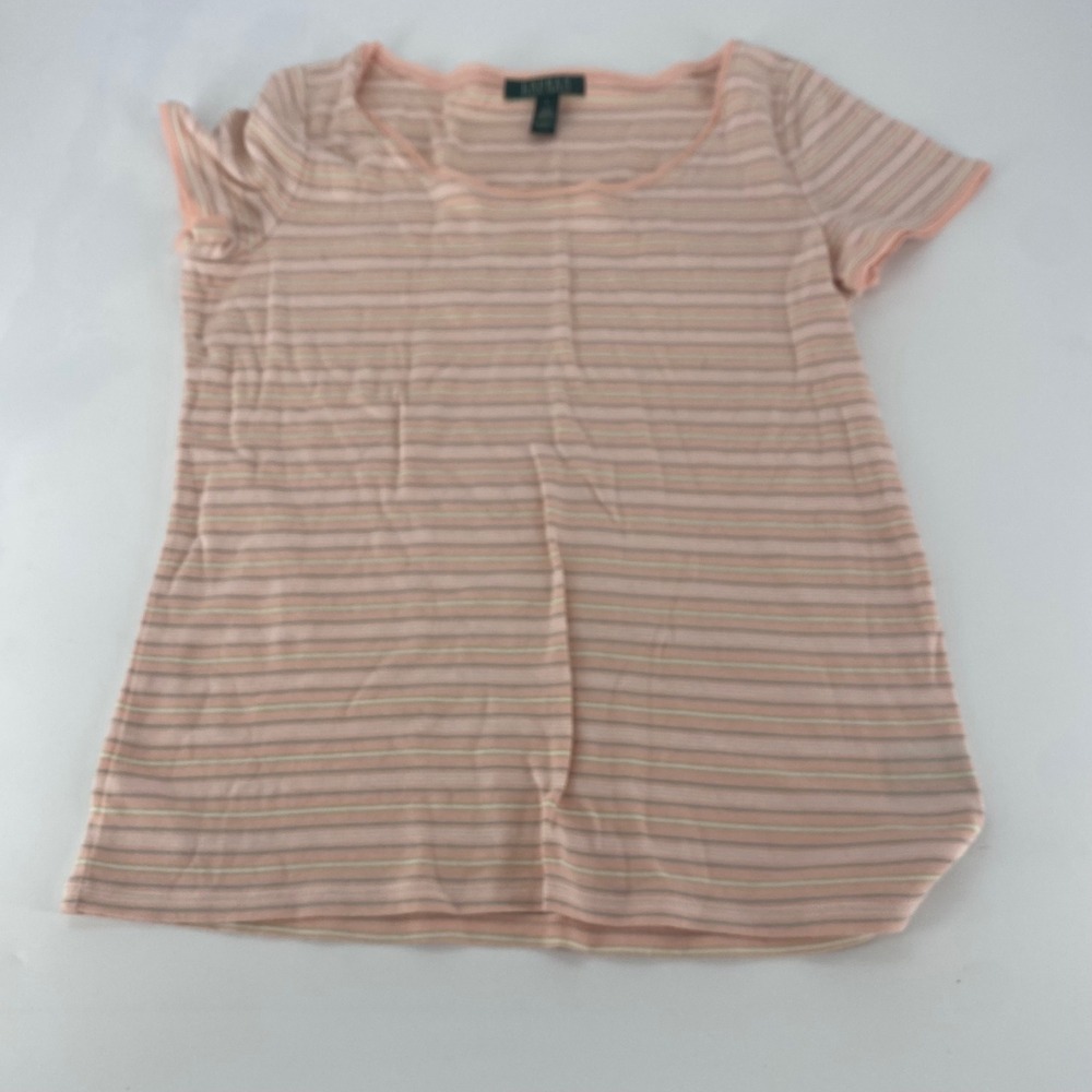 Lauren‎ Ralph Lauren Pink Striped Cotton Short Sleeve Scoop Neck Tee Large